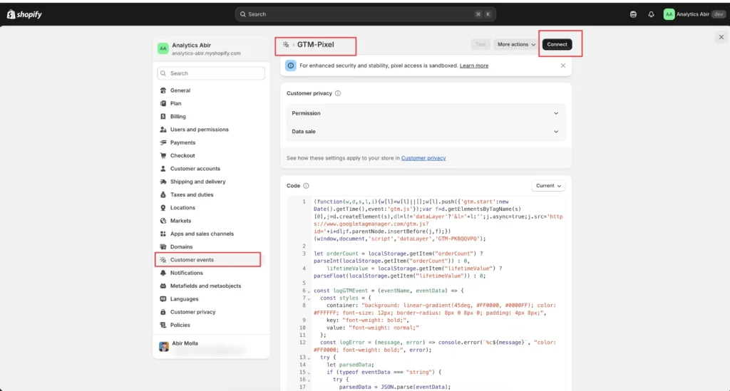 Setting up the Custom Pixel in Shopify Customer Events settings with Google Tag Manager ID