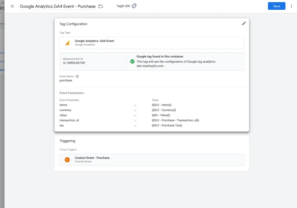 Configuring the purchase event for complete ga4 ecommerce tracking on shopify