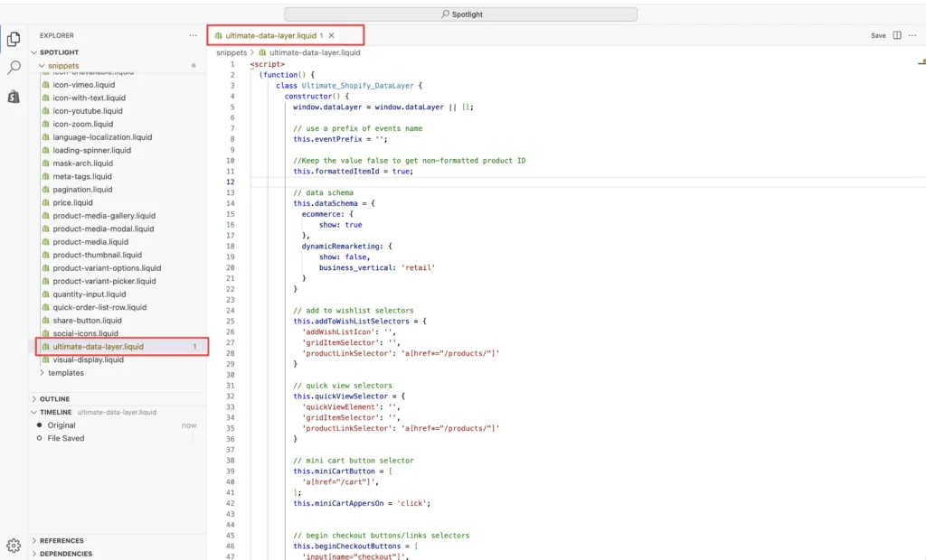 Creating a new code snippet named ultimate-data-layer in Shopify theme editor