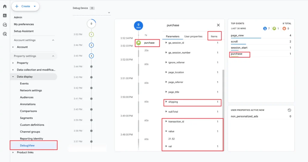 Verifying a successful purchase event and revenue data in Google Analytics 4 DebugView mode