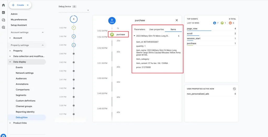 Verifying a successful purchase event and revenue data in Google Analytics 4 DebugView mode