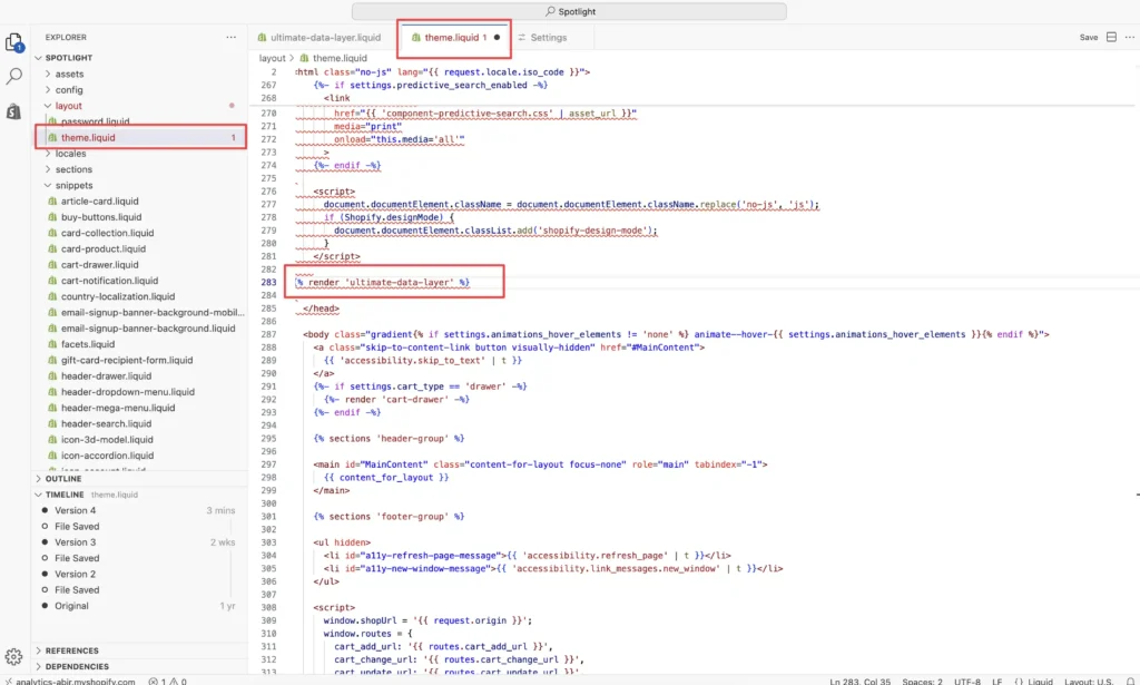 Adding the render ultimate-data-layer liquid code into the Shopify theme.liquid head section