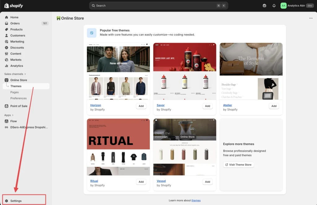 Navigate to Shopify Admin Settings
