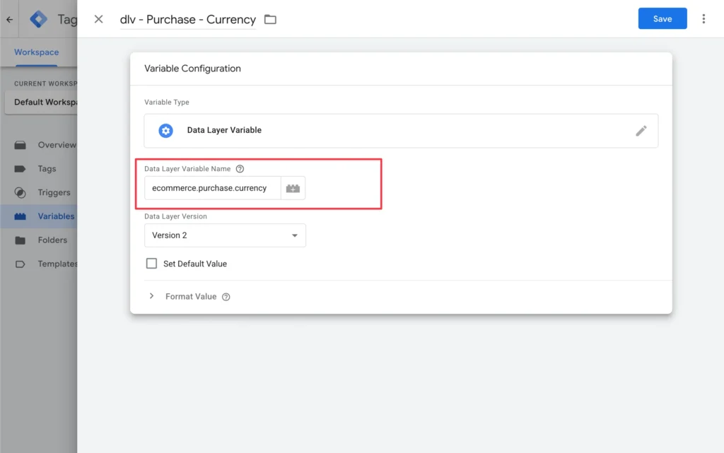 Create a Data Layer Variable for ecommerce.purchase.currency