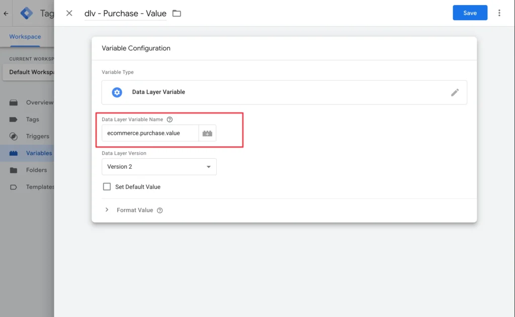 Create a Data Layer Variable for ecommerce.purchase.value