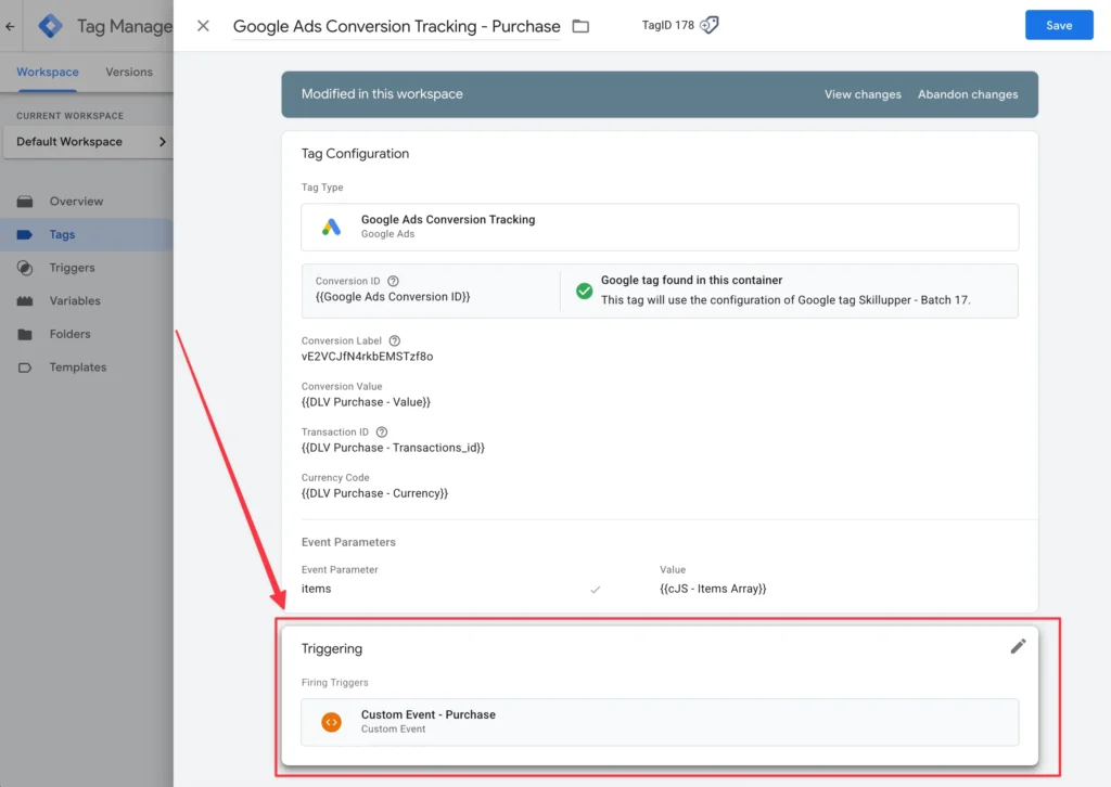 Set the Trigger to a custom event that fires on the purchase data layer event